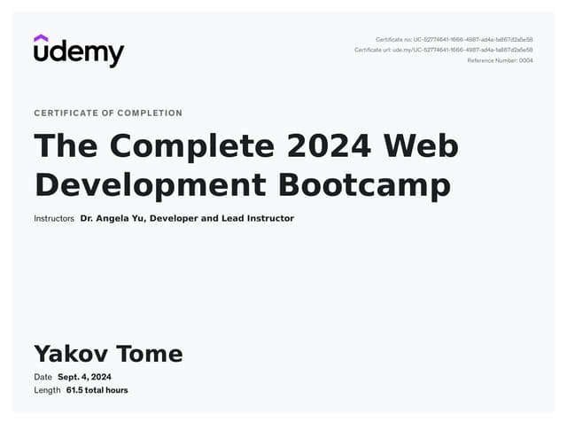 The Complete 2024 Web Development Bootcamp Certificate